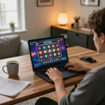 Engaged player spinning reels on a situs slot gacor platform from a cozy home setup.