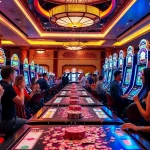 Menangkan slot online di kasino dengan mesin berwarna cerah dan pemain merayakan kemenangan.