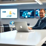 Marcel Hüsig bei der Arbeit in einer Webdesign-Agentur mit modernen Designs im Hintergrund.