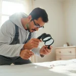 Professional exterminator inspecting a bedroom for bed bugs with a bed bug company near me focus.