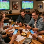 Friends engaging in live sports betting excitement using 388bet app on smartphones