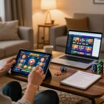 Engaged player using JPROYAL on a tablet in a cozy home setting with betting strategies.