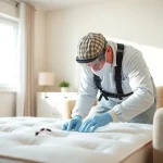 Professional exterminator assessing bed bug situation for a bed bug company near me