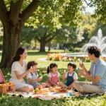 Family applying mosquito repellent while enjoying a picnic in the park