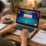 Engaged player strategizing on keonhacai 5 poker game at home, showcasing online gambling