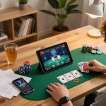 Engaged player exploring poker strategies on 789bet tablet while capturing a vibrant home atmosphere.