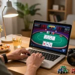 Pemain yang terlibat dalam permainan poker online, laptop menampilkan permainan yang dinamis dan catatan strategi yang terlihat.