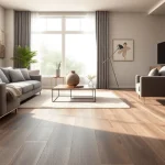 Shop for flooring stores near me with stylish LVP flooring in a modern living room setting.