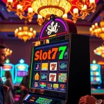 Permainan Slot77 yang mengasyikkan dengan mesin berkilauan dan pemain bahagia di kasino.