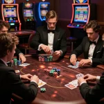 Engaging poker players at a stylish casino table focusing on keonhacai 5 strategy and gameplay.