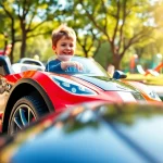 Child enjoying a ride on car in a sunny park setting with vibrant colors.
