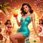 Experience the excitement of J188 game with dynamic slot reels and vibrant casino elements in a tropical setting.