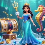 Engage in judi slot excitement with an enchanting scene featuring treasures, glowing pearls, and vibrant slot elements.