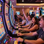 FAFA 828 players interacting with colorful slot machines in a lively casino atmosphere.