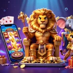 Engage in exciting mmoo game action with a majestic lion king and vibrant casino elements.