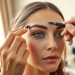 Applying eyebrow pencil light brown for perfect brow shaping in a serene makeup setting.