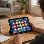 Experience thrilling gameplay at BUKA77 SLOT on tablet in a cozy home setting