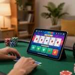 Engaged player using tt88 app on tablet in cozy home setting for online poker.