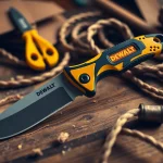 A skilled craftsman using a dewalt knife to cut rope efficiently on a wooden workbench.