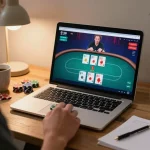 Engaging in an online poker game with 79KING, showcasing chips and a focused player.