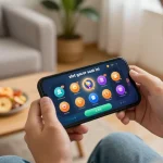 Playing slot gacor saat ini on mobile device in a cozy home setup, emphasizing strategic online gaming.