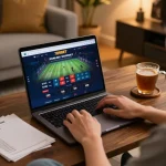 Player analyzing sports bets on 789BET in a cozy home setting, embodying strategic gaming.