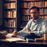 Author focused on writing at a vintage desk with books and a typewriter.