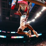 Dee Brown performing an iconic dunk in a vibrant basketball arena.