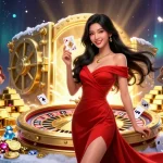 Experience excitement at vishaldental casino with a stunning woman holding a golden card next to a roulette wheel.