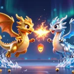 Engage with rokok88's electrifying gaming scene featuring gold and silver dragons battling.