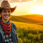 Model showcasing stylish ranch wear Canada in a vibrant outdoor setting with a cowboy hat.