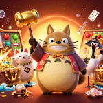 Engage with Hi77 link in a vibrant casino scene featuring cheerful tanuki and lucky cat characters amidst dynamic gambling elements.