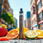 Showcasing flum float vape surrounded by colorful fruit, highlighting flavors and design.