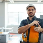 Technician performs commercial electrical maintenance ensuring efficient operations in a modern office.