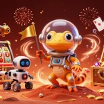 Illustration d'un gecko martien découvrant un nouveau casino en ligne avec des symboles de jackpot.