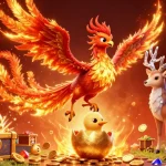 Experience slot 10rb excitement as a phoenix soars above vibrant reels and treasures in this captivating illustration.