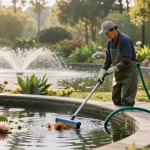 Pond Clean London service professional removing debris from a garden pond in serene outdoor setting.