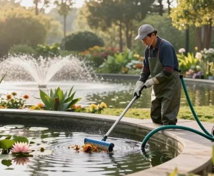 Pond Clean London service professional removing debris from a garden pond in serene outdoor setting.