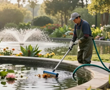 Pond Clean London service professional removing debris from a garden pond in serene outdoor setting.