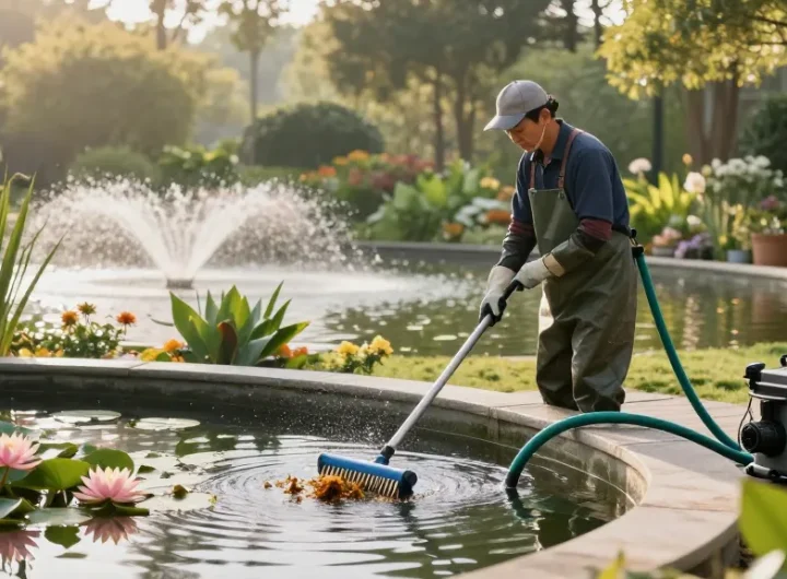 Pond Clean London service professional removing debris from a garden pond in serene outdoor setting.