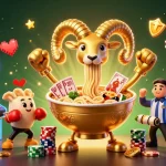 Découvrez le nouveau casino en ligne avec des personnages animés et des éléments de jeu colorés dans une illustration 3D.