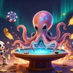 Engage with the thrilling world of bandar togel, navigated by an alien octopus at a holographic poker table in an action-packed scene.