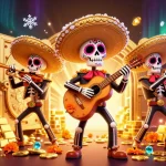 Découvrez les nouveaux casinos en ligne avec une animation colorée des squelettes mariachi et trésors scintillants.