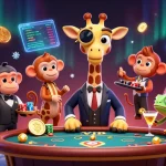 Engage in game iwin with vibrant 3D characters at the casino featuring an elegant giraffe and fruit symbols.