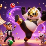 Découvrez l'univers du nouveau casino en ligne avec un panda sportif et divers éléments de jeu captivants.