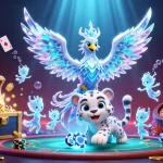 Jouez dans un casino en ligne France avec des personnages fantastiques entourés de cartes, d'une roulette et de pièces brillantes.