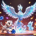 Engage with bandar toto, a vibrant scene featuring an ice phoenix among gold coins and vivid gaming elements.