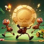 Jouer sur un site de poker en ligne avec une équipe de fourmis transportant une puce de poker dorée, entourée d'éléments de poker et de crypto-monnaies.