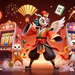 Gagnez au nouveau casino en ligne avec une illustration captivante d'un guerrier kabuki, jetant des lanternes et des pièces d'or.