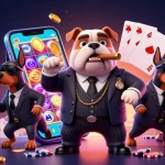 Engage in situs judi bola with energetic 3D illustration of a mafia bulldog and Doberman guards amidst gaming elements.